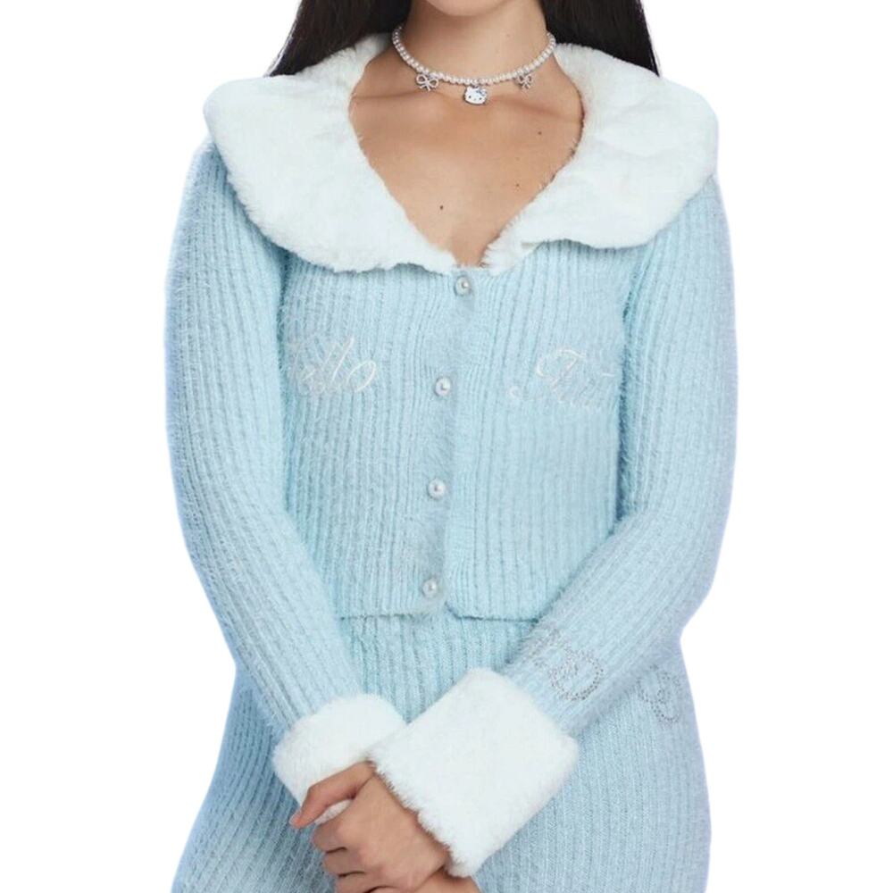 Forever 21 Hello Kitty Blue White Embroidered Faux Fur Crop Cardigan Sweater M
